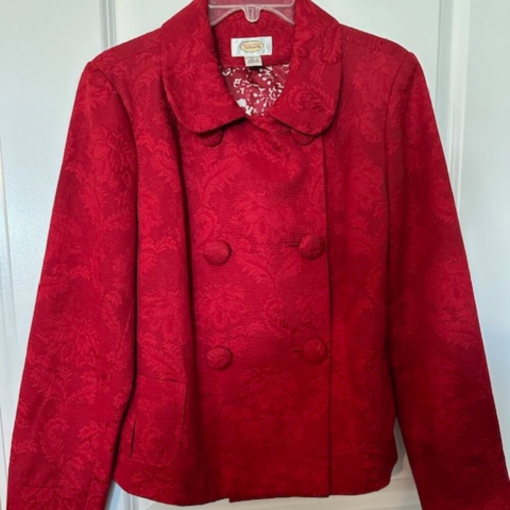 TALBOTS RED DOUBLE-BREASTED JACQARD SUIT JACKET
